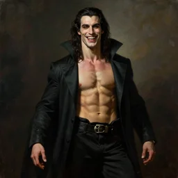 portrait painting of the vampire lestat, muscular male gleeful, long hair! long coat, elegant rugged handsome unreal render cinematic lighting art 1 8 9 0 period drama by bussiere rutkowski andreas rocha