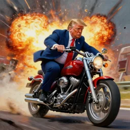 masterpiece painting of donald trump riding a motorcycle while escaping danger, surreal background, action, explosions