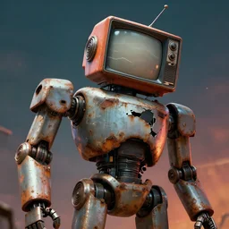 a very big robot with a ( ( ( ( ( broken ) ) ) ) ) old tv head, detailed, rusty,,, concept art, matte painting, trending artstation, octane render, vivid cinematic lightning, ( apocalyptic ) 8 k