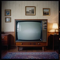 kodak portra 4 0 0, wetplate, wide shot, portrait photo by britt marling, 1 9 2 0 s room, a giant vintage television, 1 9 2 0 s furniture, wallpaper, picture frames, carpet, shining lamp,, muted colours, blueberry, wood, fog,