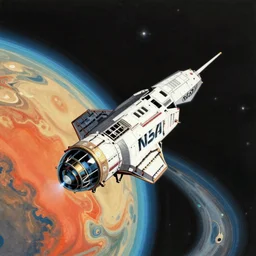 a nasa spaceship entering the atmosphere of a planet, 1 9 7 0 s illustration, saturated colors