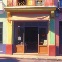 beautiful painting of a colorful cuban storefront, close up front view, animation, digital art, graphic shapes, trending in artstation, sun ise cinematic lighting, art style by disney, pixar and rahds