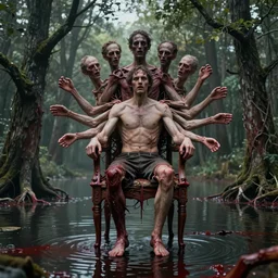 a collage of a man with five heads, twelve arms, sitting on chair made of human limbs, the chair is floating in a lake of blood, around the lake are melting trees, the man's limbs are merging with the trees, digital art, hyperrealistic nightmare scene, supernatural, highly detailed, creepy, terrifying