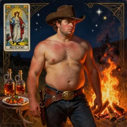 a dramatic, epic, ethereal painting of a handsome thicc shirtless cowboy with a beer belly wearing a large belt and hat | background is a late night campfire with food and jugs of whisky | homoerotic | fire, flames, stars, tarot card, art deco, art nouveau | by Mark Maggiori ((((and Alphonse Mucha)))) | trending on artstation