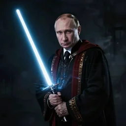 putin in a palpatine robe holding a lightsaber, dark background, gloomy, digital art