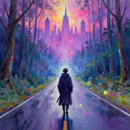 Heartbroken wandering mage-duelist on the endlessly long and rainy forested road on the outskirts of the cosmic city. A concept of Melancholic Euphoric heartshine in the crush of oblivion. The vibrancy of nouveau is gilded with hollow-wishes. Trending on ArtStation. Vivid Pastel Gouache Ink Painting.
