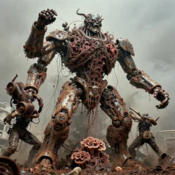 movie still of flayed god machines, cluster battle tiered chaos, intricately macerated by age, sentient, dethroned goliath machine, whipping blood turbines, hydrocracking battles, rusted, macerated, eviscerated by fimbria wires, bicornate fungal pit, trash patina sheen rotting, by alberto bontempi, alex ross, shiger