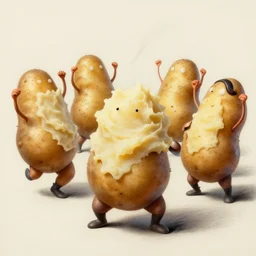 a mosh of human - like potatoes doing the mashed potato dance, hyperrealistic, high - res, highly detailed, sketch, painting