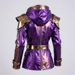 photo, backside of a purple and gold shiny steam punk hooded vest jacket with metallic belts and buttons and chains, big collar, big shoulder polster, very detailed, elaborate, purple neon light, soft white light from front - c 1 3 - w 1 0 2 4 - h 1 0 2 4