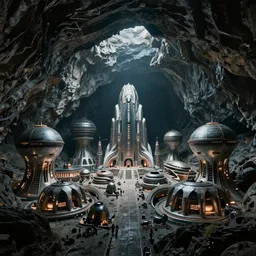 Gigantic alien buildings found in the depths of an enormous dark cave. Wide shot, cinematic, 4k