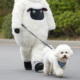 a person in a sheep costume walking bichon frise on leash