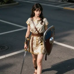 a beautiful dark - haired maiden in grecian clothes, with a shield and gladius, standing in a parking lot, digital anime by wlop and mobius