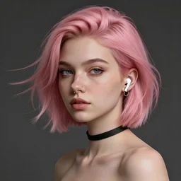beautiful russian girl with cute freckles and short pink hair and nose piercing, wearing airpods, wearing a black choker, thin round earrings, winds of winter, au naturel, hyper detailed, digital art, trending in artstation, cinematic lighting, studio quality, smooth render, octane rendered, concept art, sharp focus, illustration, art by artgerm and greg rutkowski and wlop