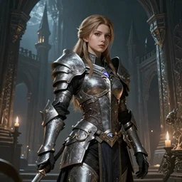 A fantasy comic book style portrait painting of a 20 year old female as a paladin in a atmospheric dark fortress, unreal 5, DAZ, hyperrealistic, octane render, RPG portrait, ambient light, dynamic lighting