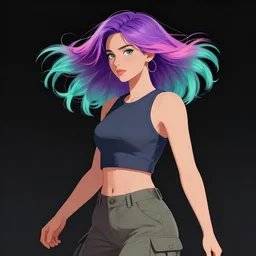 a award winning half body portrait of a beautiful woman in a croptop and cargo pants with ombre purple pink teal hairstyle with head in motion and hair flying by wlop, outrun, vaporware, shaded flat illustration, digital art, trending on artstation, highly detailed, fine detail, intricate