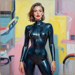 greg manchess portrait painting of female wearing a latex suit as addison rae, medium shot, organic painting, sunny day, matte painting, bold shapes, hard edges, street art, trending on artstation, by huang guangjian and gil elvgren and sachin teng