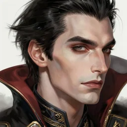 up close portrait of a beautiful handsome male vampire looking off to the side, d & d, face, fantasy, intricate, elegant, highly detailed, digital painting, artstation, concept art, smooth, sharp focus, illustration, art by artgerm and greg rutkowski and alphonse mucha