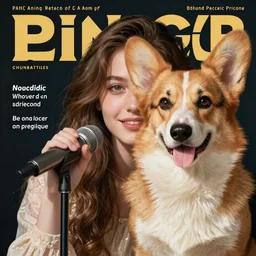generic small singer and giant corgi, teen magazine cover, face photo