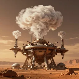 a grotesque and ancient steampunk terraforming station on mars, billowing clean white clouds upward into the sky at sunset, hyperreal, hopeful, artstation