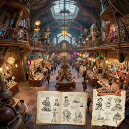steampunk market interior, colorful, character sheet, greg rutkowski, zabrocki, karlkka, jayison devadas, trending on artstation, 8 k, ultra wide angle, zenith view, pincushion lens effect