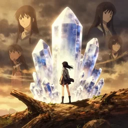 isekai masterpiece anime girl standing tree log looking up at giant crystals, high noon, cinematic, very warm colors, intense shadows, ominous clouds, anime illustration, anime screenshot composite background by mandy jurgens, by irina french, by rachel walpole, by alyn spiller