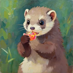 a jeremiah ketner and studio ghibli acrylic impasto! painting! of an adorable and cute ferret eating candy