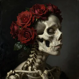 a womans face in profile made of roses skeleton in the style of the dutch masters and gregory crewdson dark and _ moody