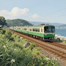 A landscape of Photorealistic painting, Japan Shonan Enoshima, highly detailed, train cross