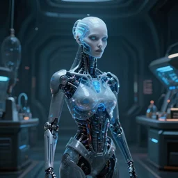 in the style of star trek, steve niles : : biomechanical pale woman hologram : : dark futuristic lab