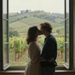 a couple kissing, behind them is a window that shows a hilly landscape with vineyards, morning light, dreamy, hopper