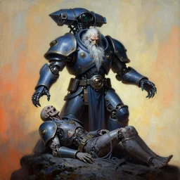 painting of elder lich tech priest raising the dead, adeptus mechanicus, cybernetic enhancements attached to his body, zdzislaw beksinski, lewis jones, dariusz zawadzki, wayne barlow, warhammer 4 0 k, cold hue's, warm tone gradient background, concept art, accurate anatomy