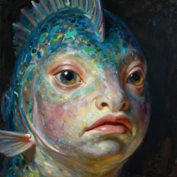 a fish creature with subtle human features!!!!!!!!!!!!!!!!!!!!!!!!!!!, detailed face, detailed painting, epic lighting, by ilya repin, phil hale and kent williams