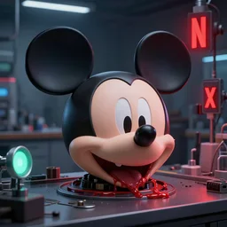render of mechanics working on bloody mickey mouse head in facility laboratory, with glowing red netflix logo, low light with only 1 mint and 1 red light, made by beeple, cgsociety, octane render, unreal engine, cinema 4 d, artstation, 4 k highly detailed art