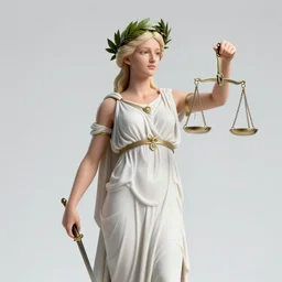 a full body portrait of themis the greek goddess, presenting the scale of justice!! wearing a laurel wreath, extremely beautiful, anatomically accurate, by artgerm and by greg rutkowski and by alphonse mucha and by simon bisley, radiant light, detailed and intricate environment,