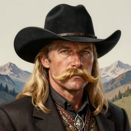john wayne, cowboy portrait male, olive skin, huge blond moustache, long blond hair, black stetson hat, moutain, intricate, elegant, highly detailed, digital painting, artstation, concept art, smooth, sharp focus, illustration, mandy jurgens, rutkowski, mucha