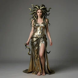 realistic mythological greek medusa with snakes on the head full body, dressed in a queen's dress, by anna dittmann
