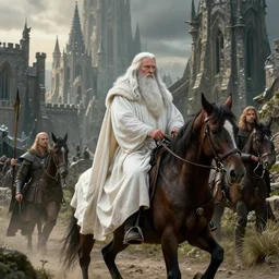 Gandalf the white rides to the Guarded City of Minas Tirith, style by john howe, boris vallejo, edgar maxence