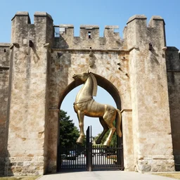 trojan horse at the gate of a ancient city