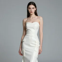 a portrait of a model detailed features wearing a cargo latex wedding dress - chic'techno fashion trend lots of zippers, pockets, synthetic materials, jumpsuits. by issey miyake and mitsuo katsui