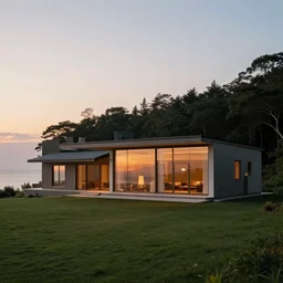 beautiful house with sea view, sunset, wide shot, in forest in background, canvas, cinematic, kodak ektar, wide angle, f / 2 2, lens flare, high contrast, 4 k, full - hd, sunlight, ray tracing global illumination, ray tracing reflections