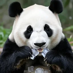 panda chewing on ice cubes, dslr, 4 k, telephoto, 5 0 mm, realistic 4 k
