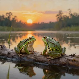 An oil painting of two frogs sitting on a log in a pond, sunset