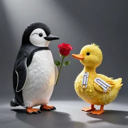 a penguin made of teeth giving a rose to duck made of dripping paperclips, a duck made of dripping paperclips