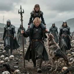 odin with huggin and munning on his shoulders walking through the sea of death, followed by the valkyries. he is holding gungir in his right hand, 6 0 mm portrait photo