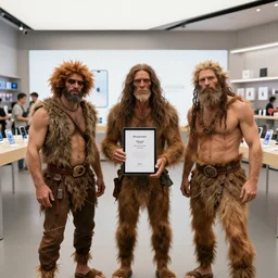 photo of cavemen at an iphone store, award - winning photograph