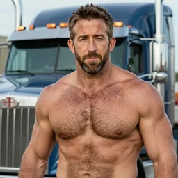 ryan reynolds as a burly strongman trucker, masculine, hairy torso, 4 k hd