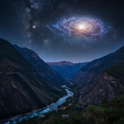 a beautiful double exposure of an award winning night time landscape photo of a valley with a river and towering mountains, and an astronomy photo of the day showing a deep field stacked focus photo of a spiral galaxy
