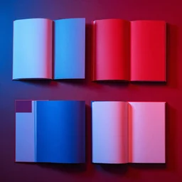 flatlay book collection, vivid colors, dramatic lighting, red and blue