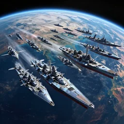 eve online major fleet combat, detailed capital ships, high orbit above colorful planet surface, cinematic lighting, photorealistic, space photography, octane render by tomino - sama