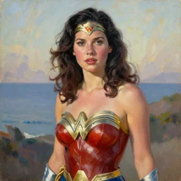 portrait of Lynda Carter as Wonder Woman in the morning sun, Danile Gerhartz, oil painting